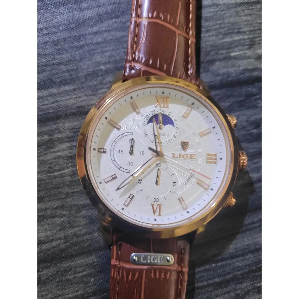 Vintage NOS Lige Mens Chronograph Moon‎ Phase Watch L8932